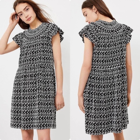 Loft Black White Eyelet Smocked Yoke Cap Sleeve Swing Dress Size SP NEW - Picture 1 of 11